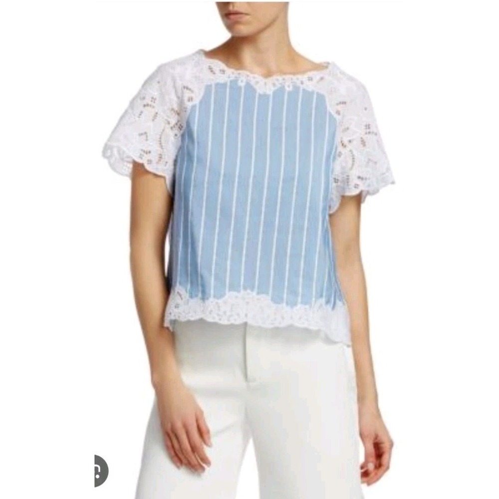 Jonathan Simkhai‎ Scalloped Eyelet Blouse Striped Top Blue White Size S *Flaw
